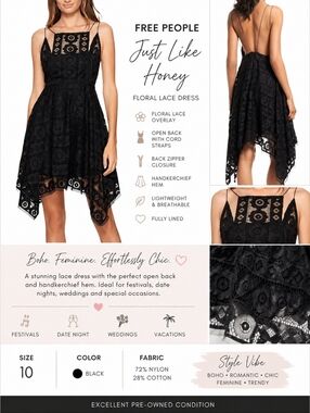 Free People Just Like Honey Lace Dress Size 10 Black Handkerchief Hem Open Back